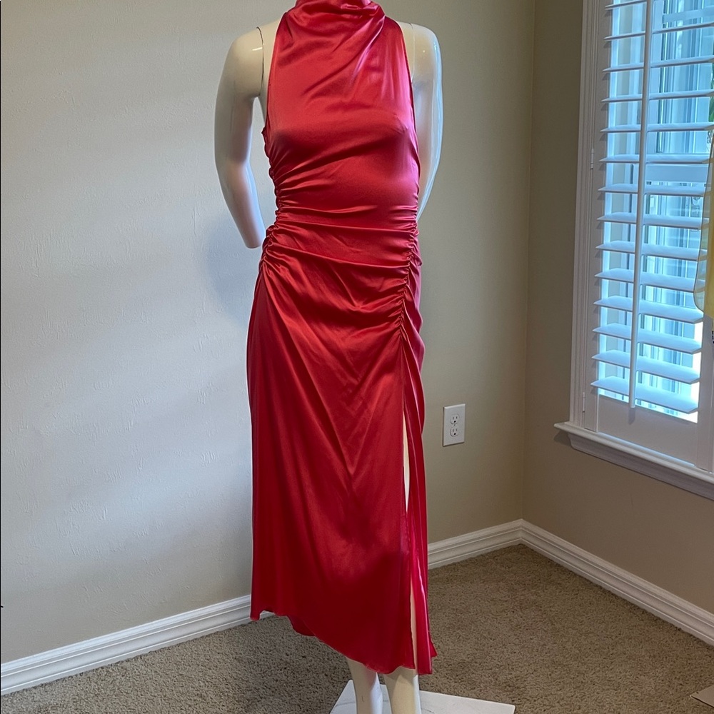 A.L.C. Inez Silk Satin Ruched Side Slit Mock Neck Midi Dress NWT size 4 Guava